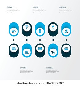 Building icons colored set with toolbox, concrete mixer, excavator and other wall painting elements. Isolated vector illustration building icons.