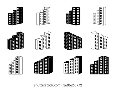 Building icons and company vector set, Perspective bank and office collection, Line modern construction and edifice illustration