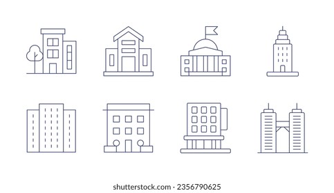 Iconos de construcción. Trazo editable. Consta de edificio, embajada, rascacielos, edificios, hotel, torres gemelas.