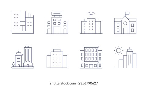 Building icons. Editable stroke. Containing building, smart city, school, buildings, hotel, sun.