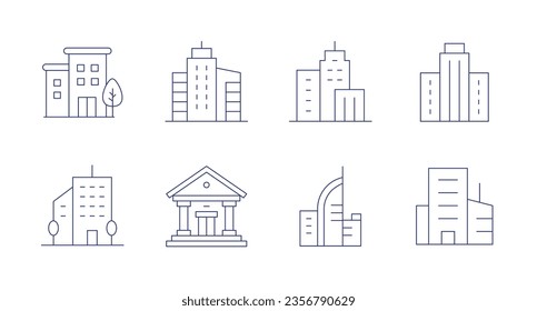 Building icons. Editable stroke. Containing apartment, buildings, city, skyscraper, office building, college, company.