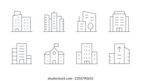Building icons. Editable stroke. Containing apartment, buildings, city, office, building, school, condo, real estate.