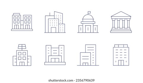 Building icons. Editable stroke. Containing apartment, buildings, city hall, museum, building, company, polling place.