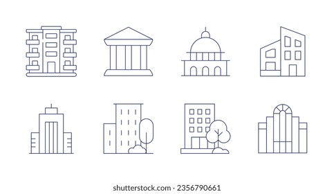 Building icons. Editable stroke. Containing apartment, bank, capitol, modern house, building, company, parliament.