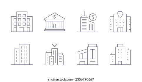 Building icons. Editable stroke. Containing apartment, bank, business center, migration, building, smart city, company, office.