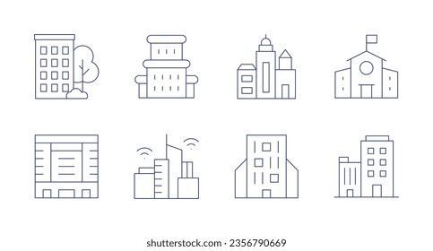 Building icons. Editable stroke. Containing apartment, architecture, buildings, middle school, building, smart city, company, office building.