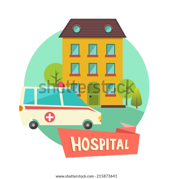 Building Icons,\
hospital, with windows and trees on blue background. Vector\
illustration in flat design. Colorful banner with ambulance car and\
ribbon for text. Hospital logo\
concept.