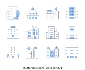 Building icons. Line Duotone style, editable stroke. sun, building, research center, modern house, resort, company, flat, capitol.