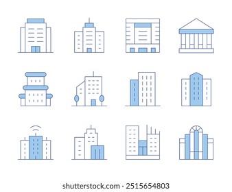 Building icons. Line Duotone style, editable stroke. building, office, parliament, city, smart city, college, headquarter, architecture, building trade, office building.