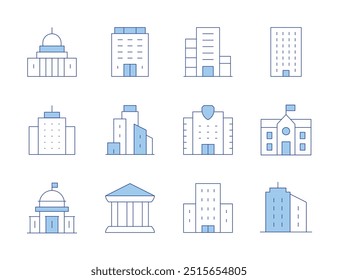 Construyendo iconos. Línea estilo Duotone, carrera editable. lugar de votación, migración, escuela, ayuntamiento, condominio, capitolio, banco, edificios, edificio.