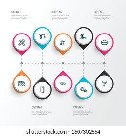 Building icons line style set with paint roller, lifting hook, cogwheel and other construction works elements. Isolated vector illustration building icons.