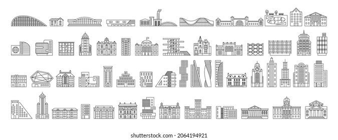 Building icons in linear style. Vector outline illustration. Urban minimalist symbols. Abstract city in flat style. Museum, school, factory, government, hospital, library, business center, university.