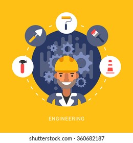 Building Icons and Objects in the Shape of Circle. Engineer Male Cartoon Character. Vector Illustration in Flat Design Style