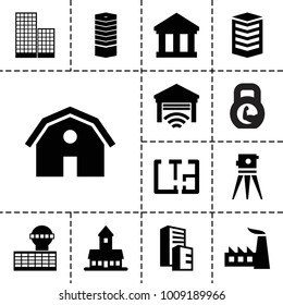 Building icons. set of 13 editable filled building icons such as business centre, castle, barn, building, factory, theodolite, bank, plan, garage, airport tower