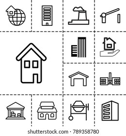 Building icons. set of 13 editable outline building icons such as garage, concrete mixer, school, cargo barn, home, barrier, global home, factory
