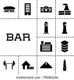 Building icons. set of 13 editable filled building icons such as chichen itza, lighthouse, building, airport, factory, house, barbell