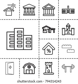Building icons. set of 13 editable outline building icons such as castle, court, school, bank, house under sun, mortgage, aid post, barn, house
