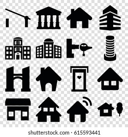 Building icons set. set of 16 building filled icons such as barrier, jetway, door with heart, court, bridge, home, house signal, store