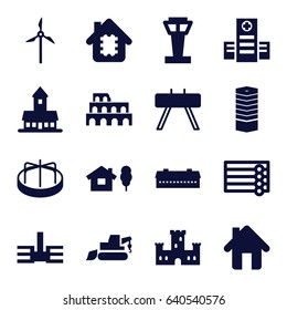 Building icons set. set of 16 building filled icons such as barn, airport tower, business centre, castle, wooden wall, coliseum, child playground carousel, excavator, hospital