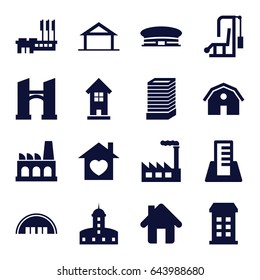 Building icons set. set of 16 building filled icons such as home, barn, castle, airport, bridge, home with heart, factory