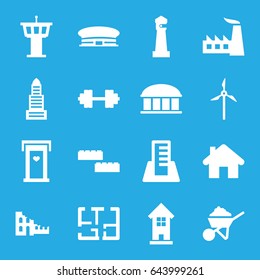 Building icons set. set of 16 building filled icons such as door with heart, lighthouse, business center, airport tower, airport, observatory, factory, construction, plan