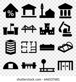 Building icons set. set of 16 building filled icons such as barn, sliding doors, mosque, castle, bridge, excavator, greenohuse, cargo barn, mortgage, plan, building, bank