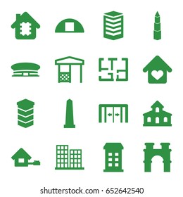 Building icons set. set of 16 building filled icons such as sliding doors, building, airport, business center, arch, monument, gazebo, cargo barn, love home, plan, home