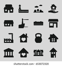 Building icons set. set of 16 building filled icons such as barn, castle, house, home care, home with heart, city landscape, store, lighthouse, factory