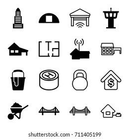Building icons set. set of 16 building filled and outline icons such as house, business center, airport tower, bridge, construction, paint bucket, cargo barn, home signal