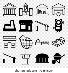 Building icons set. set of 16 building filled and outline icons such as barrier, store, level equipment, observatory, construction, factory, airport tower, greenohuse