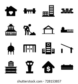 Building icons set. set of 16 building filled icons such as home, barn, airport tower, barrier, sliding doors, mosque, building, bridge, temple, digging man, hospital