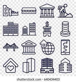 Building icons set. set of 16 building outline icons such as court, building, barn, business center, digging man, bridge, bank, love home, builidng, global home, broken house