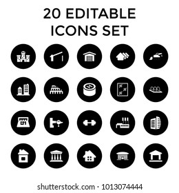 Building icons. set of 20 editable filled building icons such as jetway, house, window, business center, shop, hospital. best quality building elements in trendy style.