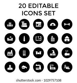 Building icons. set of 20 editable filled building icons such as store, castle, factory, barbell, plan, home signal, hospital. best quality building elements in trendy style.