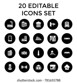 Building icons. set of 20 editable filled building icons such as store, jetway, business center, level ruler, castle, bank. best quality building elements in trendy style.