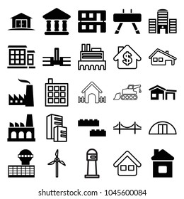Building icons. set of 25 editable filled and outline building icons such as school, bank, factory, castle, cargo barn, home, mill, house, airport tower, fintess equipment