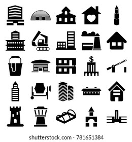 Building icons. set of 25 editable filled building icons such as castle, business center, paint bucket, school, greenohuse, home with heart, home, bank, barn, airport tower