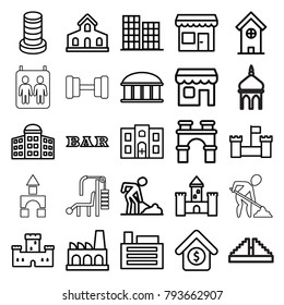Building icons. set of 25 editable outline building icons such as castle, business center, observatory, arch, bar, digging man, house sale, shop, factory, builidng, store