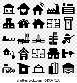 Building icons set. set of 25 building filled icons such as home, jetway, barn, door with heart, factory, construction, cargo barn, hospital, love home, avenue, plan