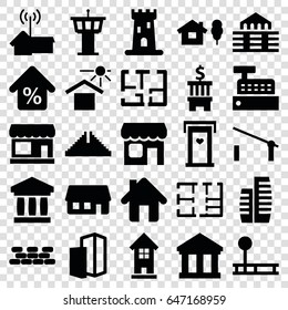 Building icons set. set of 25 building filled icons such as barrier, store, castle, door with heart, chichen itza, airport tower, house under sun, home, shop, mortgage, plan