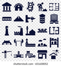 Building icons set. set of 25 building filled icons such as jetway, barn, castle, mosque, chichen itza, lighthouse, level equipment, business center, construction crane
