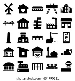 Building icons set. set of 25 building filled icons such as sliding doors, mosque, mill, observatory, bridge, barn, monument, airport tower, excavator, cargo barn, garage