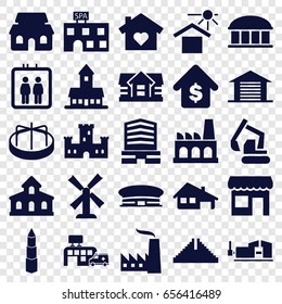 Building icons set. set of 25 building filled icons such as elevator, castle, chichen itza, mill, house, airport, observatory, child playground carousel, business center