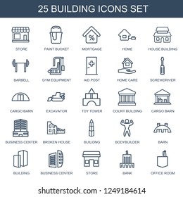 building icons. Set of 25 outline building icons included store, paint bucket, mortgage, home on white background. Editable building icons for web, mobile and infographics.