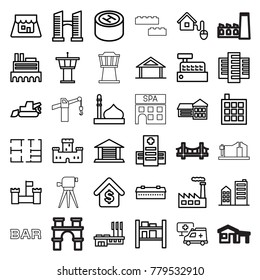 Building icons. set of 36 editable outline building icons such as home, barn, castle, mosque, airport tower, bridge, excavator, school, hospital, cargo barn, factory