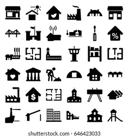 Building icons set. set of 36 building filled icons such as store, building, castle, court, house, airport tower, business center, screwdriver, digging man, vice clamp