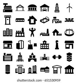 Building icons set. set of 36 building filled icons such as home, store, business centre, door with heart, lighthouse, building, business center, observatory, barn, toy tower