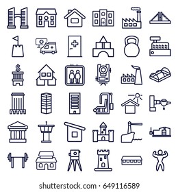 Building icons set. set of 36 building outline icons such as elevator, jetway, aid post, business centre, castle, chichen itza, level equipment, airport tower, barn, bridge