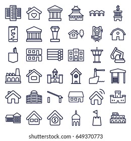 Building icons set. set of 36 building outline icons such as airport tower, barrier, barn, mosque, wooden wall, coliseum, castle, level equipment, temple, office room