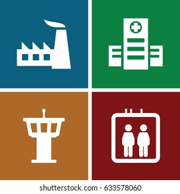 Building icons set. set of 4 building filled icons such as elevator, airport tower, factory